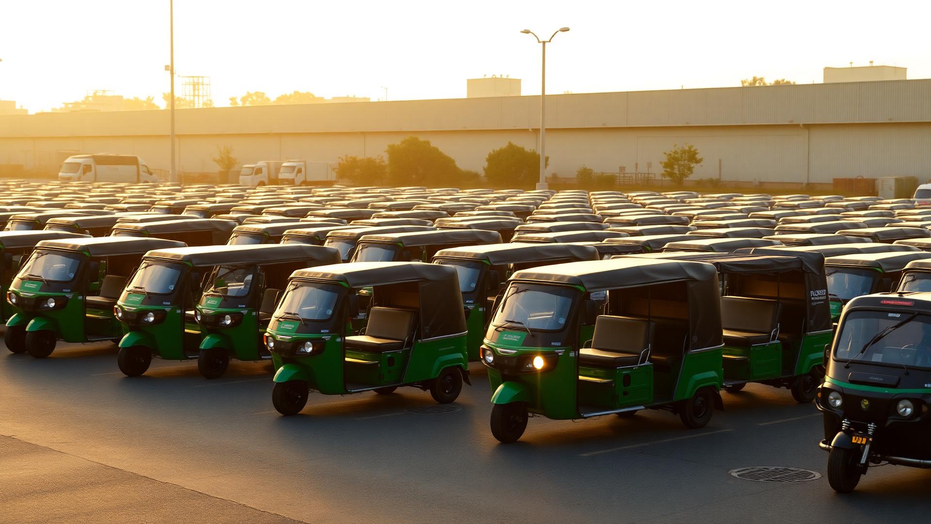 Fleet of Angad Enterprises electric commercial vehicles at an Indian industrial park